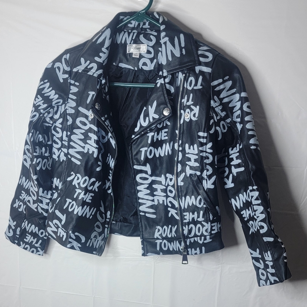 Disney D-Signed Brand Black and White Graphic Faux Leather Moto Jacket